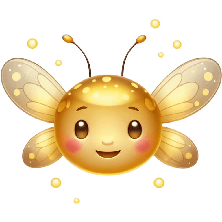 Cinematic tiny glowing firefly, round and chubby, soft golden light, tiny happy face, gentle floating motion, surrounded by dreamy sparkling dots. emoji