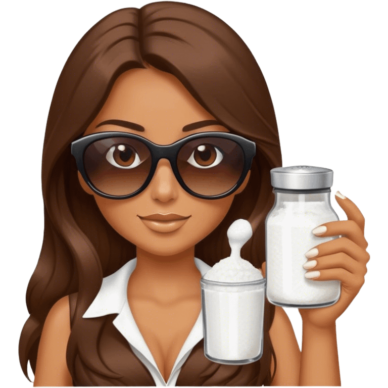 woman with long brown hair and sunglasses holding a salt shaker emoji