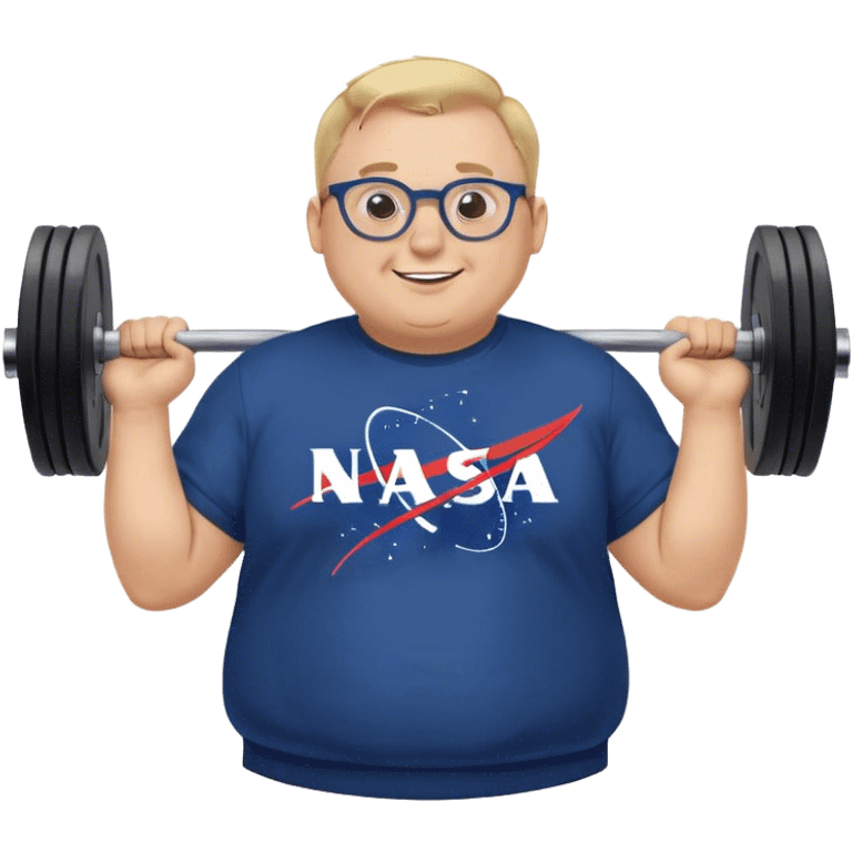 happy chubby man, lifts weights,  blond short and hight receding hairline, wearing a dark blue sweatshirt, nasa logo on the sweatshirt, round glasses without frame, 40 years old emoji