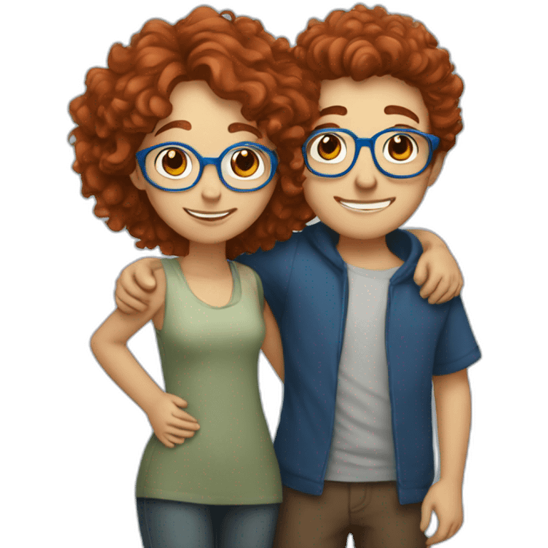 boy-with-brown-hair-hugging a girl with curly red hair and blue glasses emoji