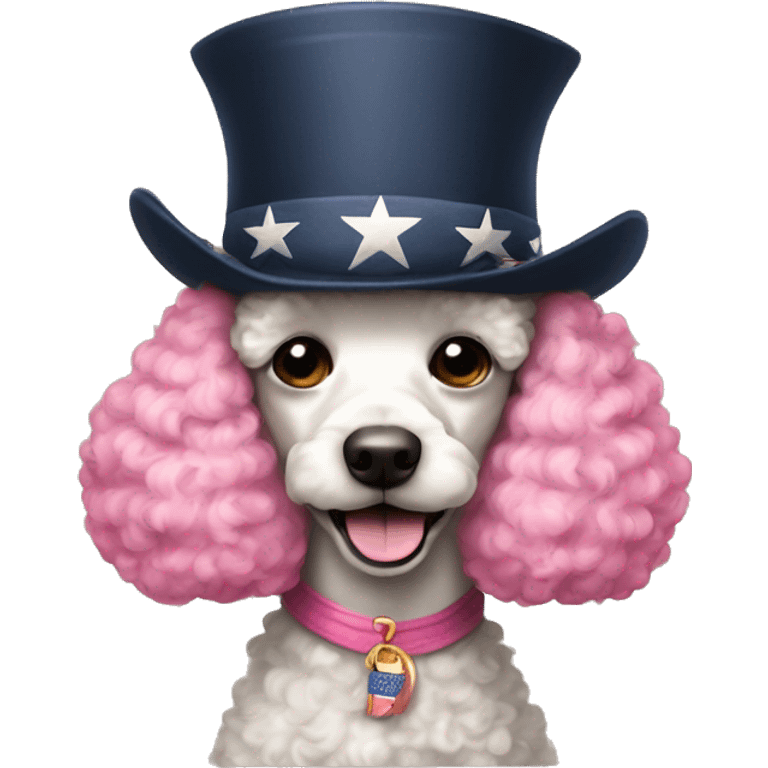 a poodle with pink fur wearing an american revolution style hat emoji