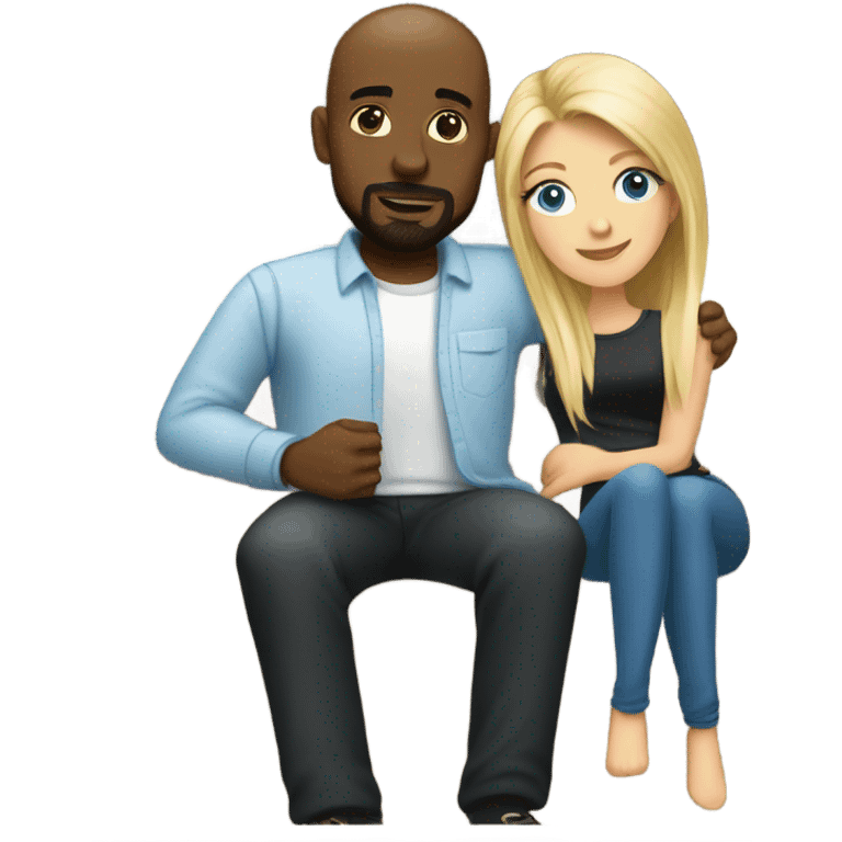 Blonde woman with blue eyes and long straight hair and black man who is bald with a goatee seated together on a sofa enjoying a passionate embrace.   emoji