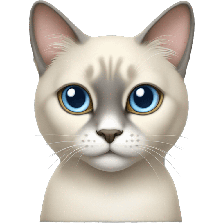 Thai breed cat with a light cream body, dark gray face, ears, and paws. Short fur, sharp ears, and striking light blue eyes with an intense gaze. emoji