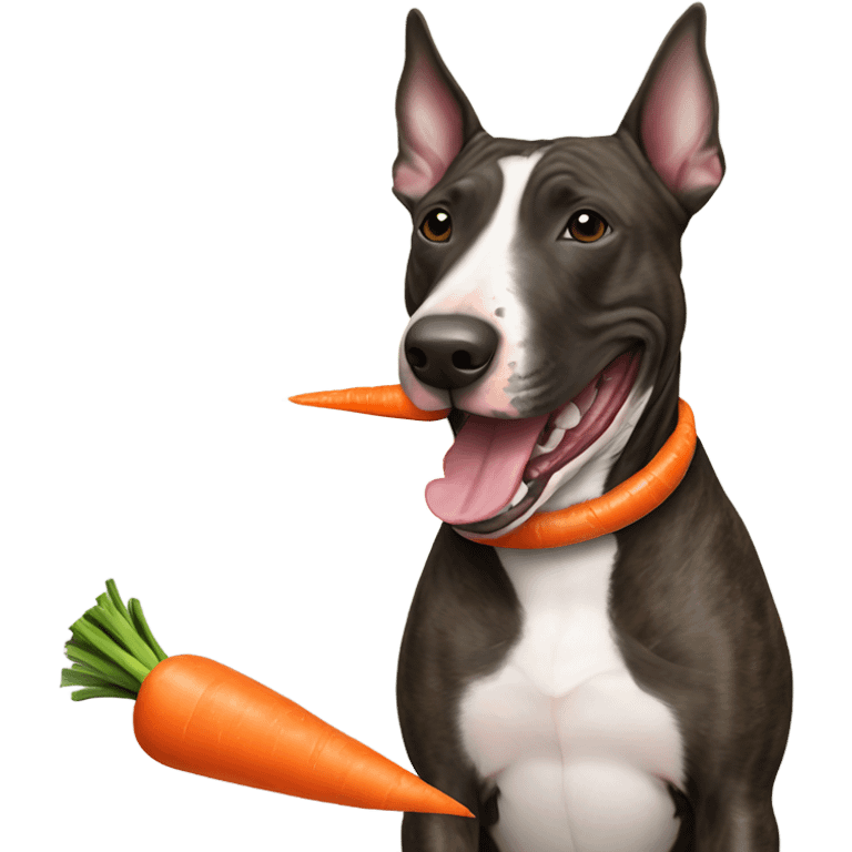 Brindle Bull terrier with a carrot toy in mouth emoji