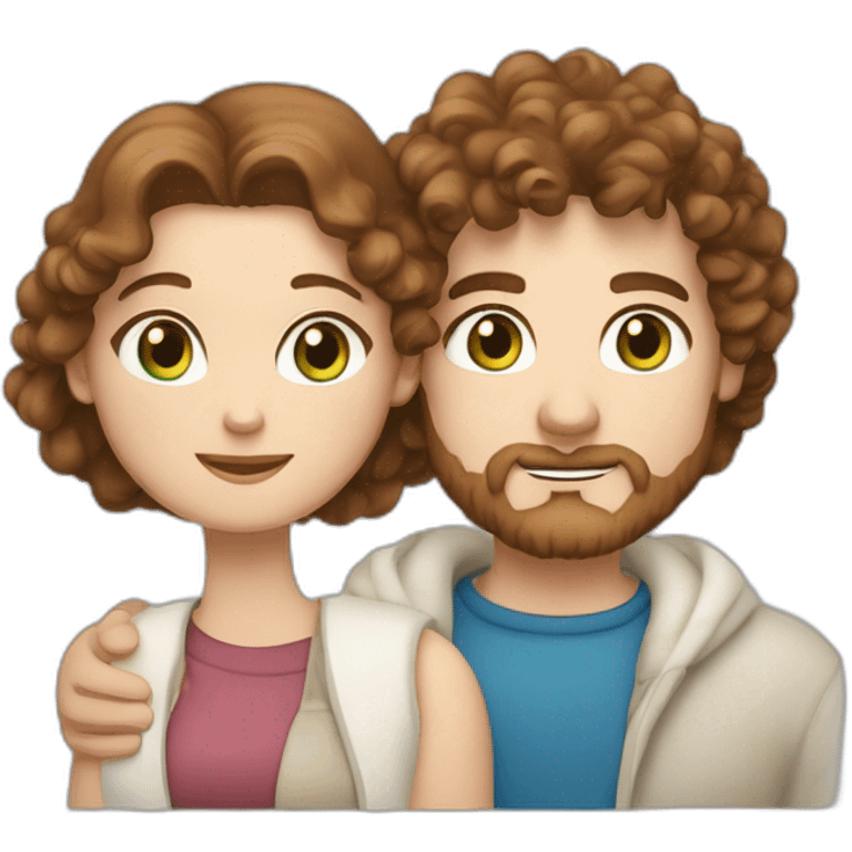 Couple, hugging, white European man with brown curly hair and blue eyes. chubby wphite woman with long light brown curly hair and blue-green eyes. emoji