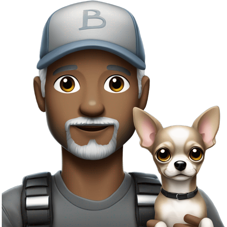 Handsome man with blue eyes, wearing ball cap, with grey hair and goatee beard, holding all black long haired chihuahua emoji