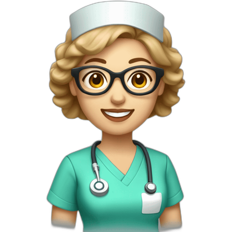 A single female nurse with scrub suit beautiful smile with light brown short hair with glasses with rosy lip emoji