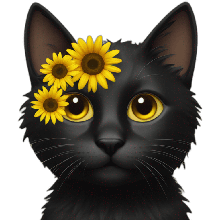 black cat with sunflower around its face emoji