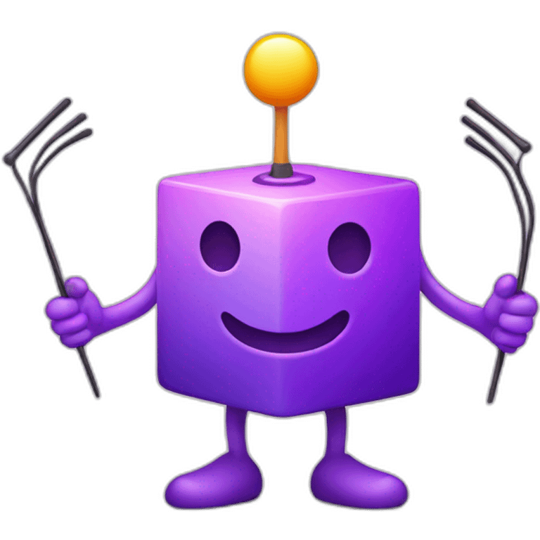 purple gradient colored smiling cube with 2 long hands and 2 long legs with a dish antenna as a hat emoji