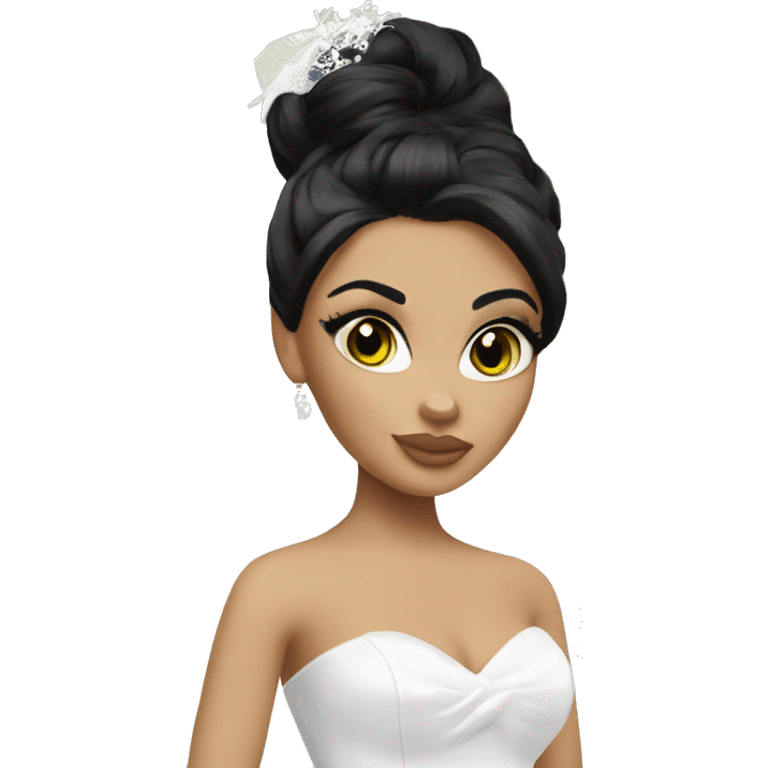 Bratz, bride, black updo hair, olive skin, hazel almond cat eyes emoji