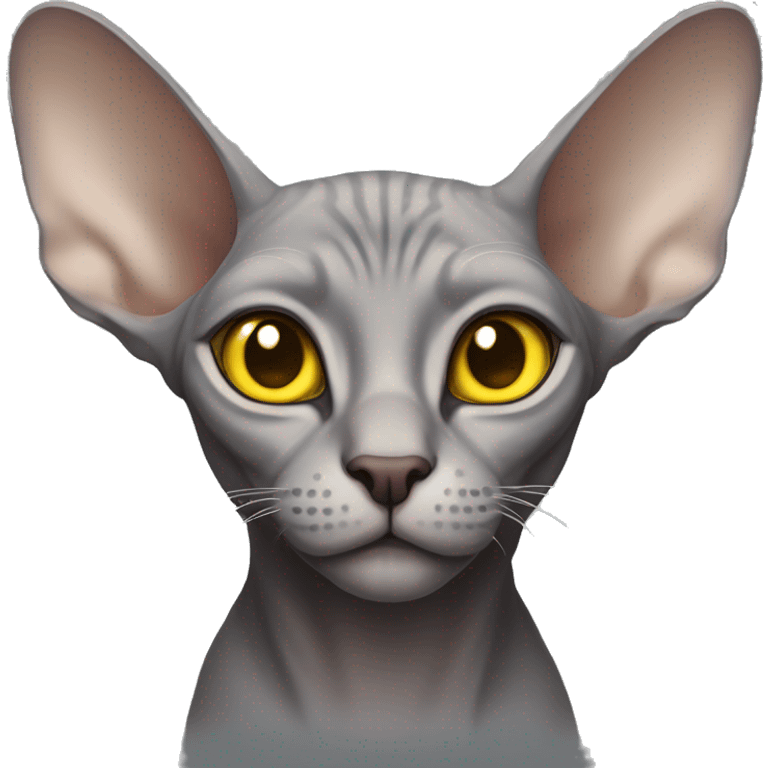 a grey sphinx cat with yellow eyes and turned-out ears emoji