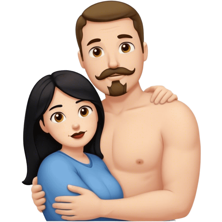 Couple, Tall strong white man with brown mustache goatee hugging a chubby short pale woman with long black hair emoji