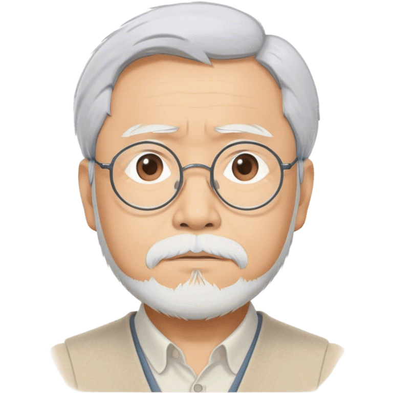 Cinematic Realistic Hayao Miyazaki Portrait Emoji, depicted as a visionary filmmaker with a gentle imaginative expression and artistic flair, rendered with delicate textures and soft enchanting lighting that captures his legendary storytelling. emoji