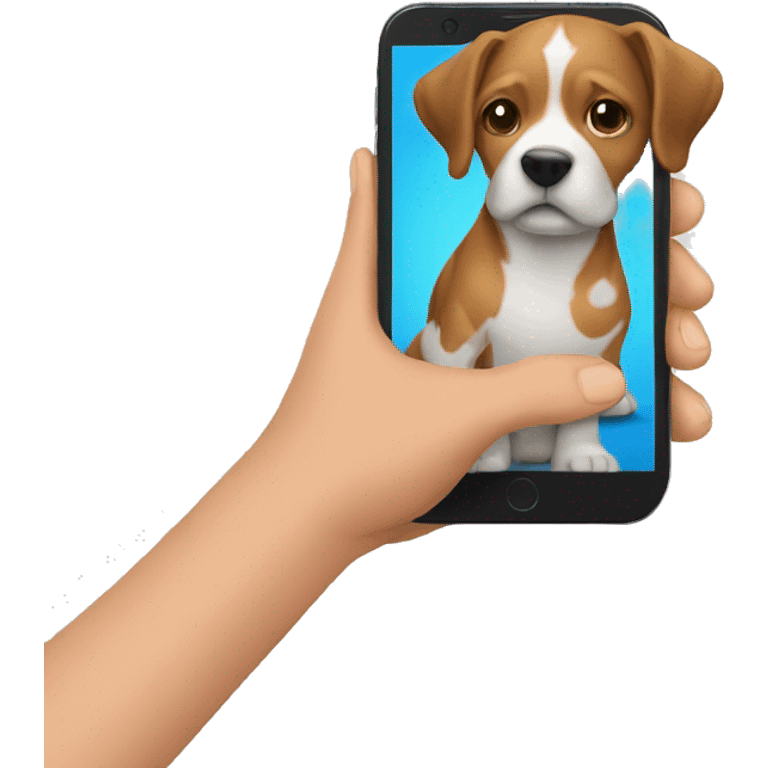 a hand holding a phone that has a dog on the screen emoji