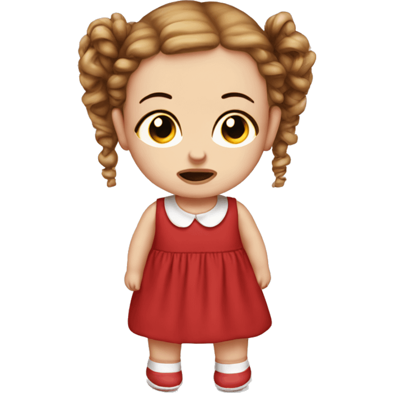 crying pale baby doll with red dress and curly brown pigtails emoji