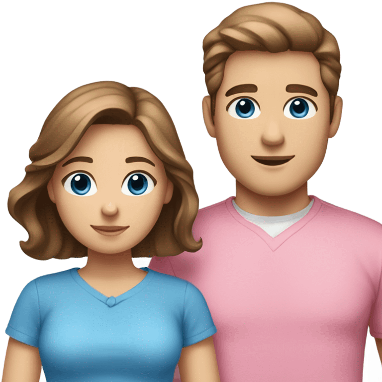 White young couple male has darker hair than female both have brown hair female has brown hair and long male has blue eyes and female has hazel eyes. Male is wearing blue shirt and female is wearing pink  emoji