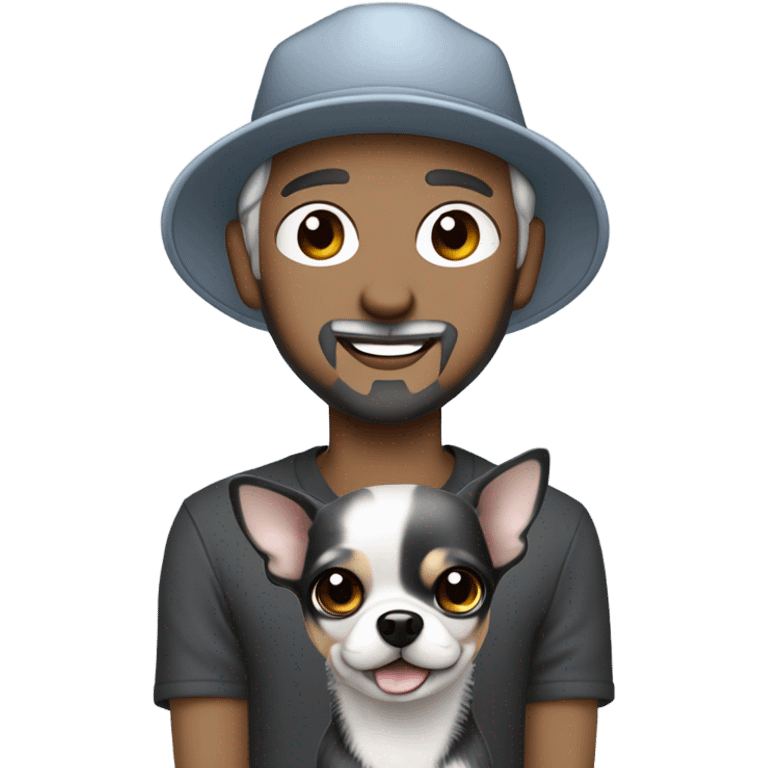 man blue eyes gray hair gray goatee ball cap holding black longhair chihuahua  emoji