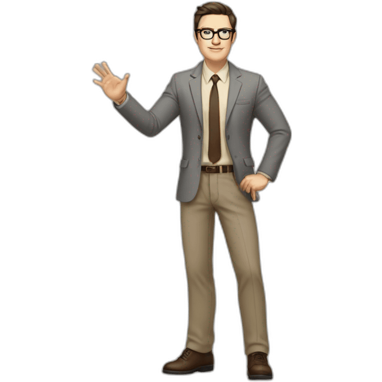 Full height Actively gesturing with hands Pale skinned fit man with dark brown hair in gray jacket, beige office shirt, brown tie, brown pants and vintage glasses. emoji