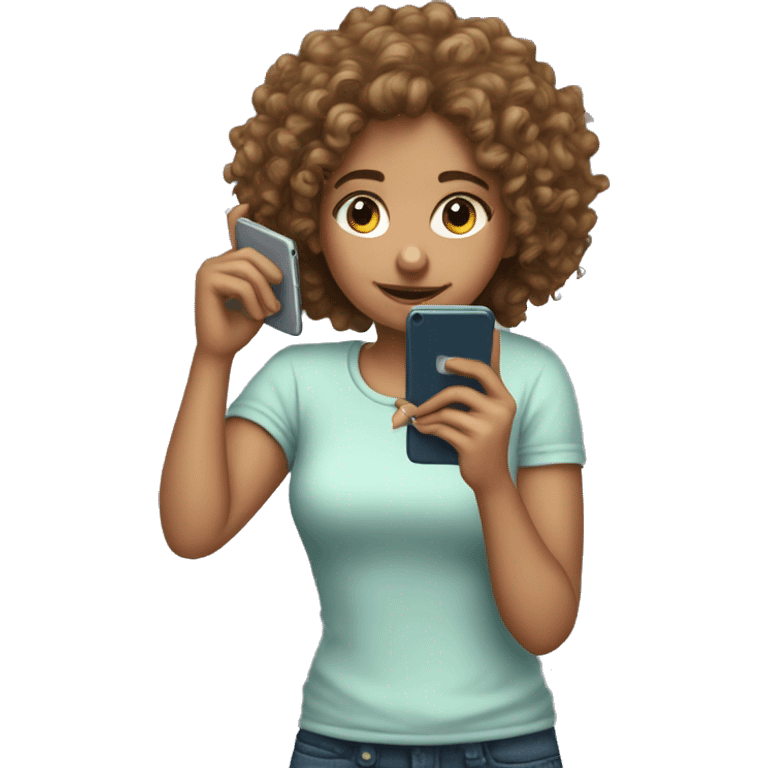 a curly haired girl looking down at the phone in her hand emoji