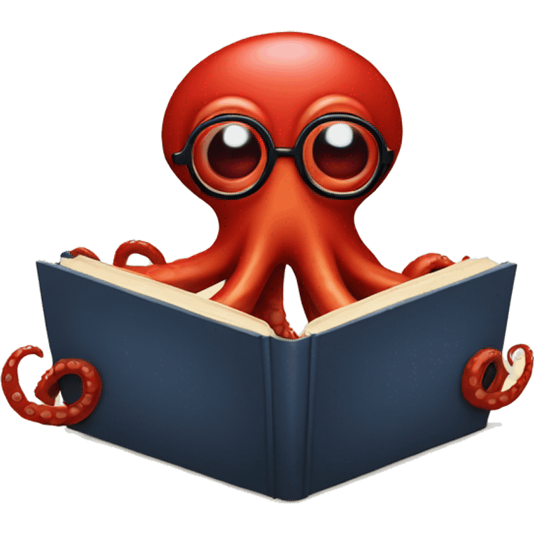 red octopus with glasses, hiding behind a book.  emoji