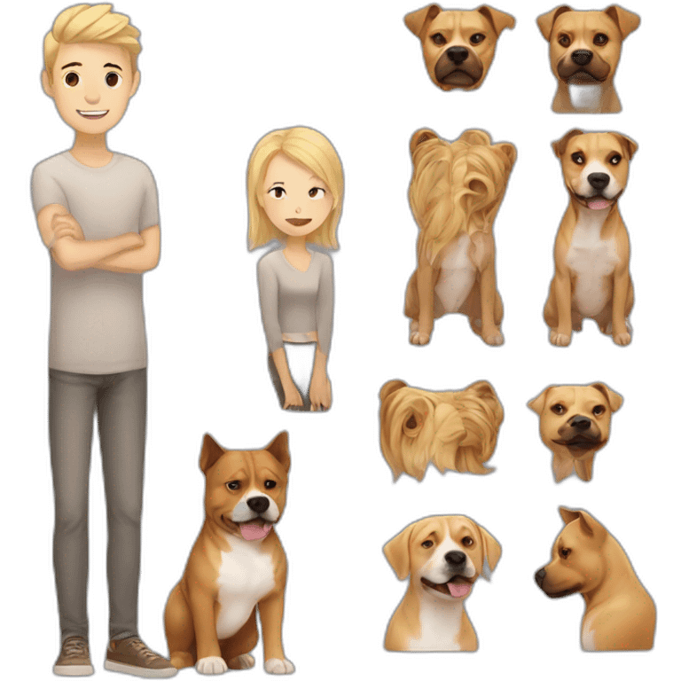 Young blonde man, and Chinese lady with brown Staffordshire terrier dog emoji