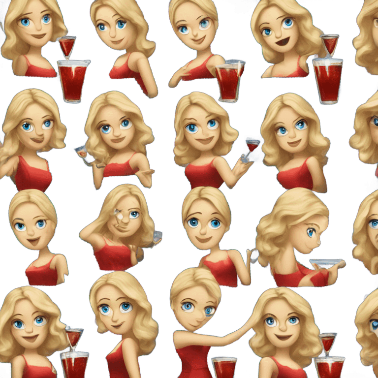 Beautiful blonde white woman with blue eyes red dress dancing with martini emoji