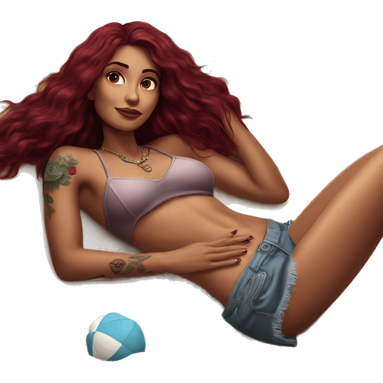 Beautiful tattooed burgundy long haired woman laying on the beach emoji