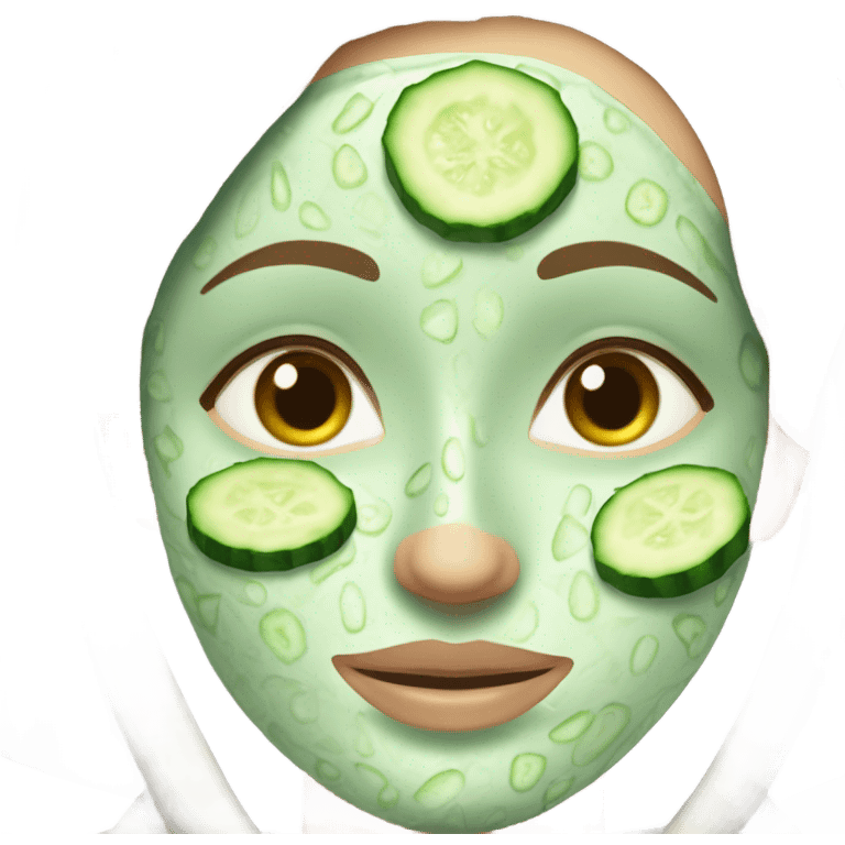 White girl with Brown hair and blue eyes wears a Green clay colored skincare textured mask and puts on cucumbers around her eyes while She relaxes in her white Robe emoji