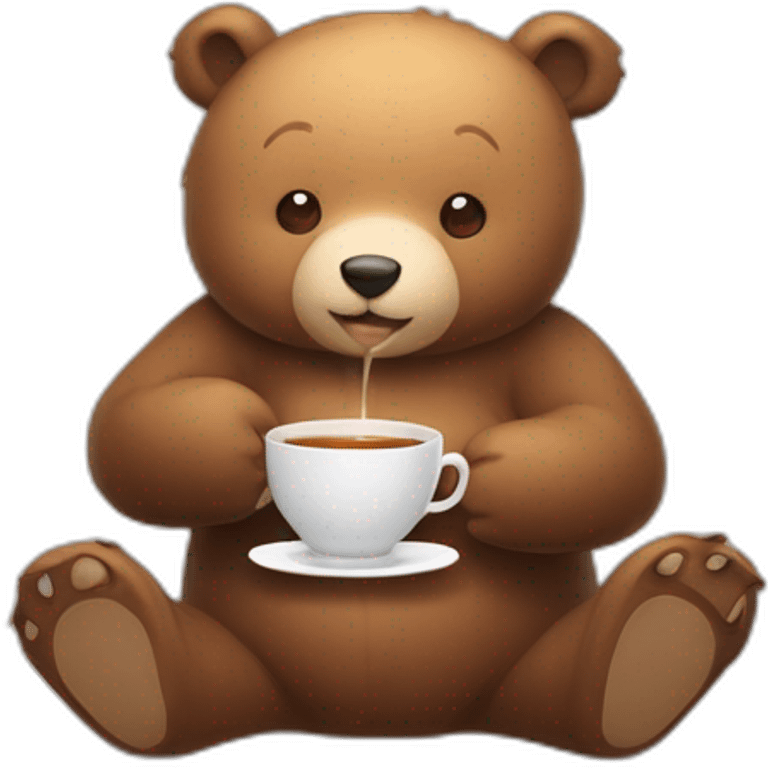 A semi Cute bear sitting on floor with a cup of tea motioning for viewer to sit next to him emoji