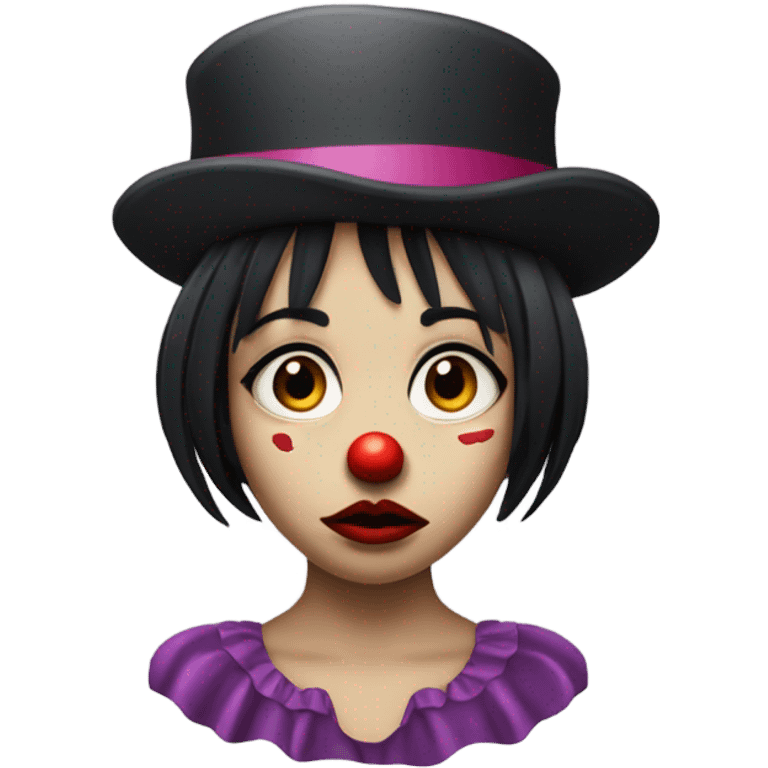 Sad clown girl wearing jesters hat with short chin length straight black hair exaggerated expression of sadness on her face  emoji