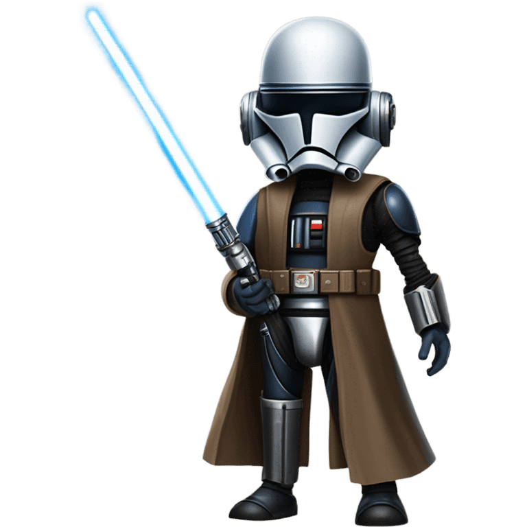 tough well-equipped jedi first order darkblue-pearl C3po as a friendly bounty hunter droid wearing a leather attire old west duster coat holding light saber ready  emoji