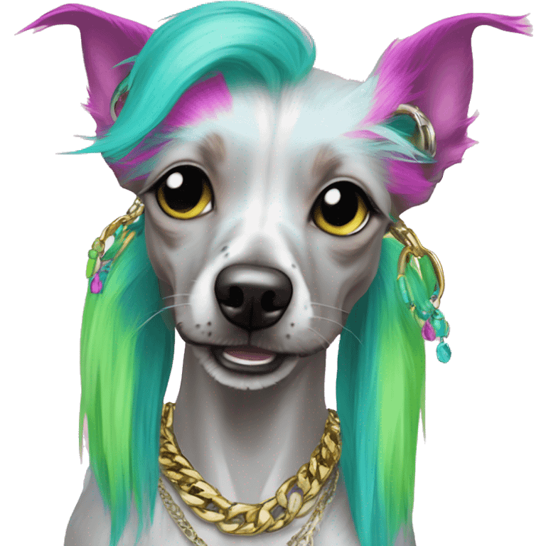 Punk Chinese crested dog neon rainbow cyan green pink hair gold chain punk piercings tattoos punk ear piercings emoji