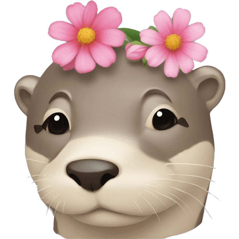 An otter laying down with one huge flower on its head emoji