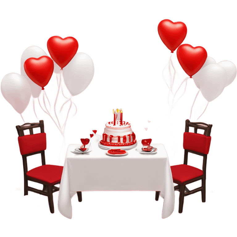 Red romantic party setting for two people and heart balloon  table with white cloth and candle with bows on the table and white Korean cake emoji