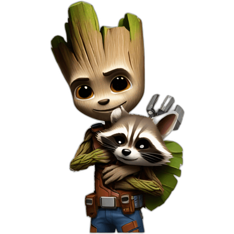 Groot upon the shoulder of  rocket racoon emoji