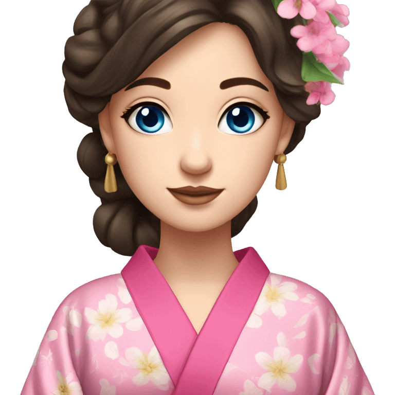 cute brunette girl with blue eyes in pink flower kimono emoji