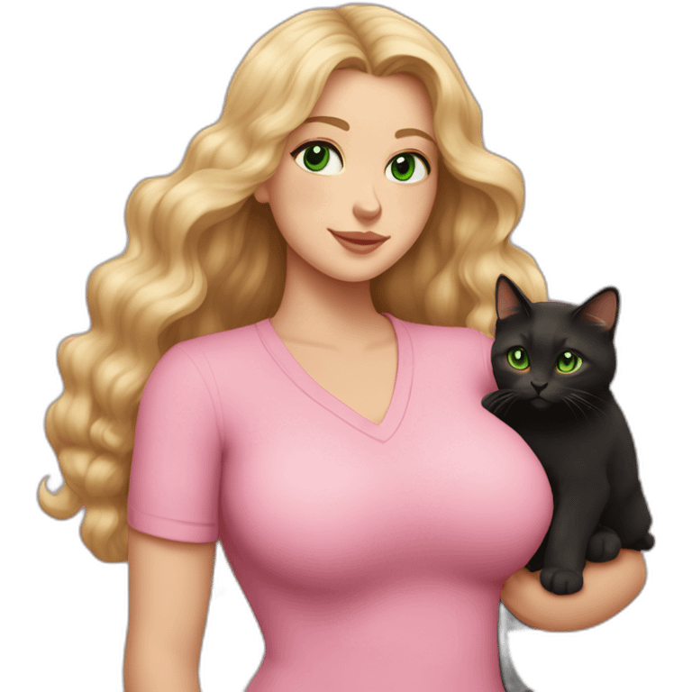 woman with green eyes and long wavy blonde hair and big boobs in a pink shirt is holding a very fluffy and fat black and tortoiseshell cat emoji