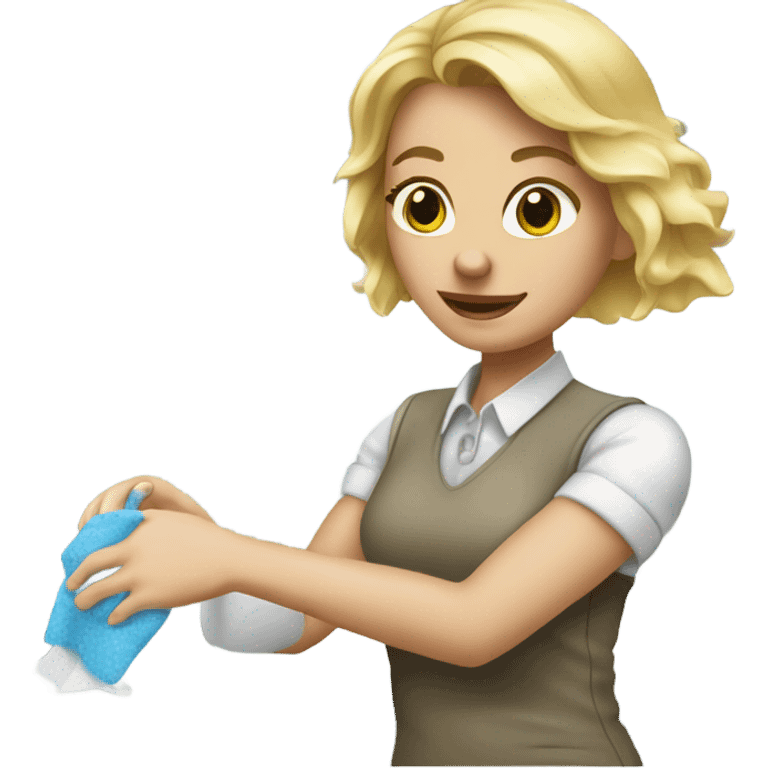 Blonde woman wiping counter with disinfectant wipes emoji