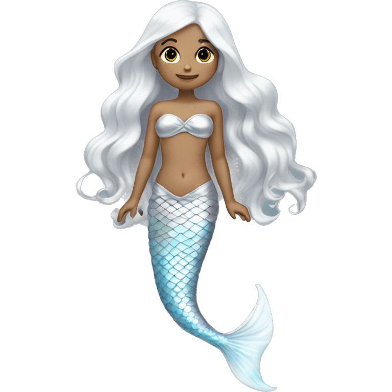 Iridescent silver mermaid tail full body tan girl long white hair emoji