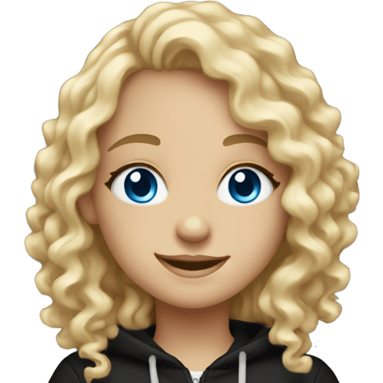 blonde curly girl with blue eyes, in black hoodie, smile emoji