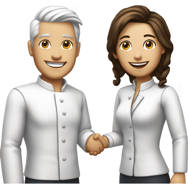 restaurant owner with white skin, and blogger with white skin, shaking hands in great detail emoji