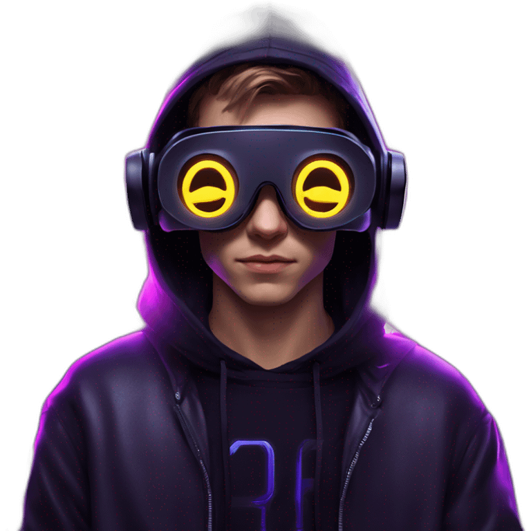 Russian young man wearing a black hoodie with "OMG" letters on it and VR headset in a cyberpunk VR environment with violet neon lighting. emoji