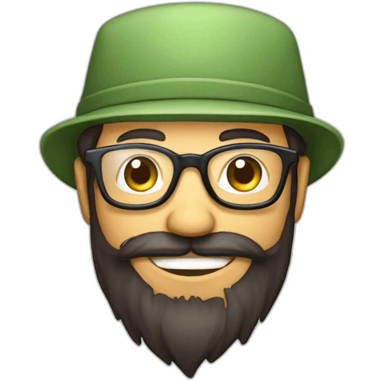 happy gardener face long dark beard and short dark hair with little transparent glasses and a hat emoji