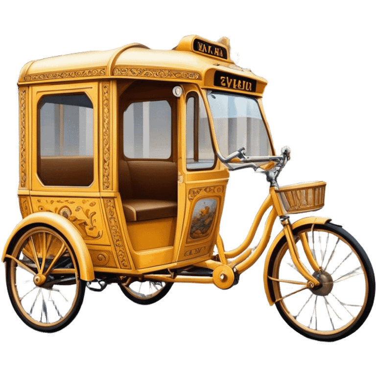 Cyclo rickshaw – Cinematic Realistic Cyclo Rickshaw, depicted as a charming, ornately painted three-wheeled cycle taxi with vintage detailing, set on bustling city streets under dynamic urban lighting that evokes cultural heritage and nostalgic charm. emoji