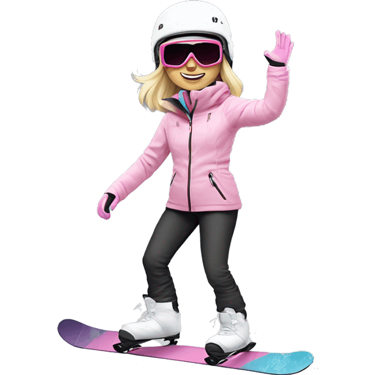 Blonde cute woman snowboarding with pastel colourd jacket, black pants and white helmet and pink googles emoji