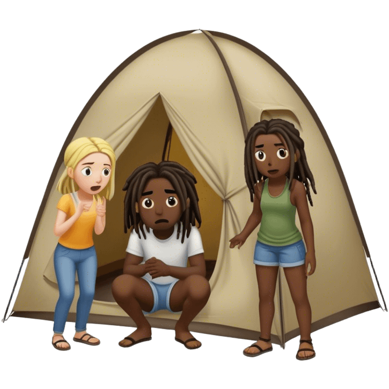 dark skinned black man with dreads standing outside of a tent, scaring two white girls who are sitting inside of the tent emoji