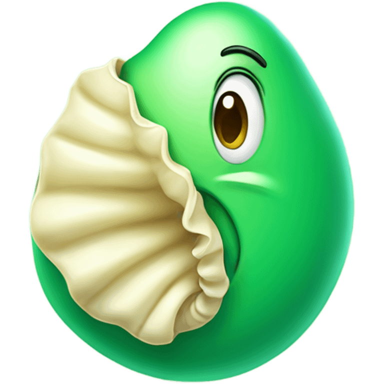 Green blob-shaped cartoon character holding a beige seashell, smiling mischievously on a pastel green background emoji