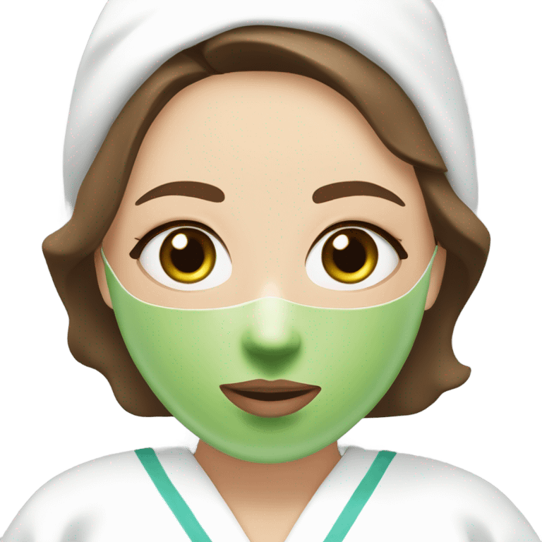 White girl with Brown hair and blue eyes wears a Green colored skincare clay textured mask and puts on cucumbers around her eyes while She relaxes in her white Robe emoji