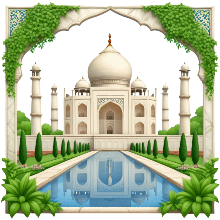 Cinematic Realistic Taj Mahal Landmark Emoji, depicted as the iconic marble mausoleum set amidst lush gardens rendered with intricate detail and ethereal, soft lighting. emoji