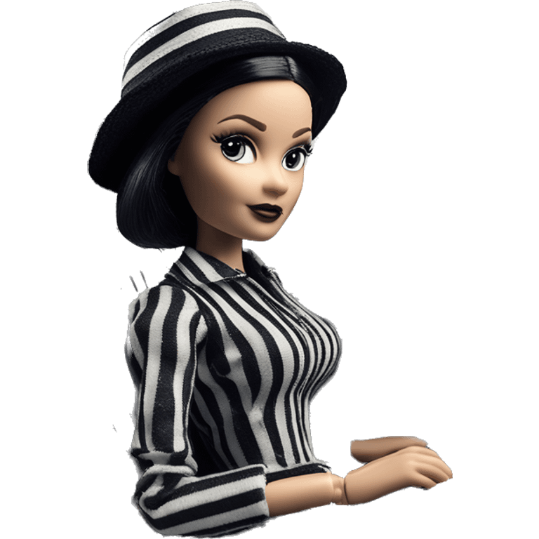 Bouclé Beauty Lingerie Barbie, Wednesday Addams from academy, in dark-gray and black striped outfit with hat. Driving 1965 Mercedes 190 emoji